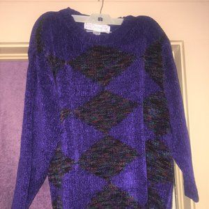 VINTAGE Argyle Purple CHRYSANTHEME  Long 14/16  Chunky Handknitted Sweater